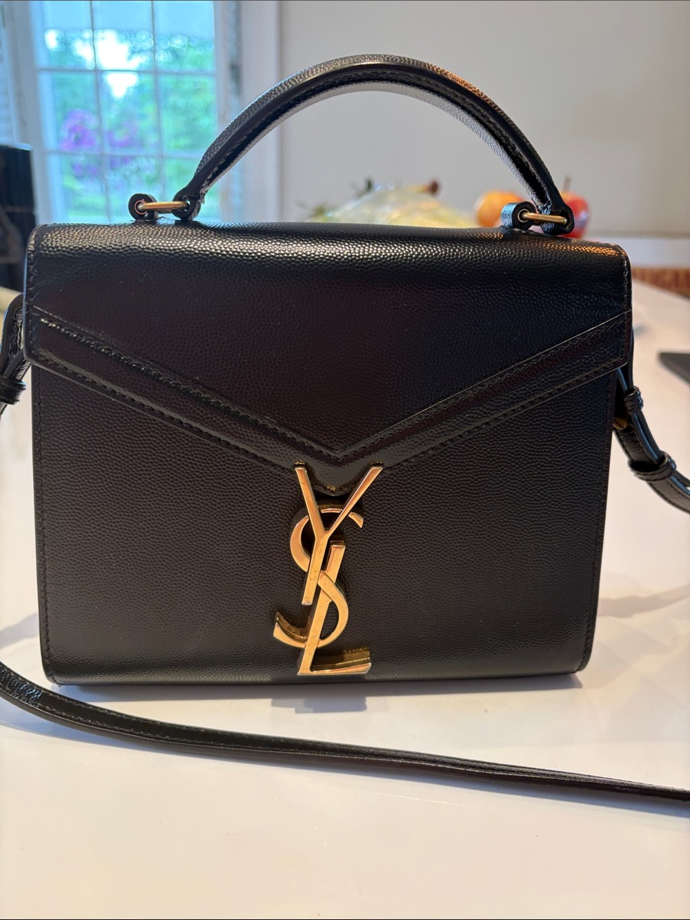 Saint Laurent Black Leather Top Handle Satchel with Gold YSL Emblem